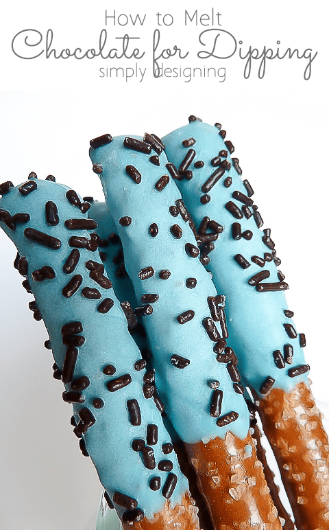 How to Melt Chocolate for dipping: Pretzel Rods with blue chocolate and brown sprinkles