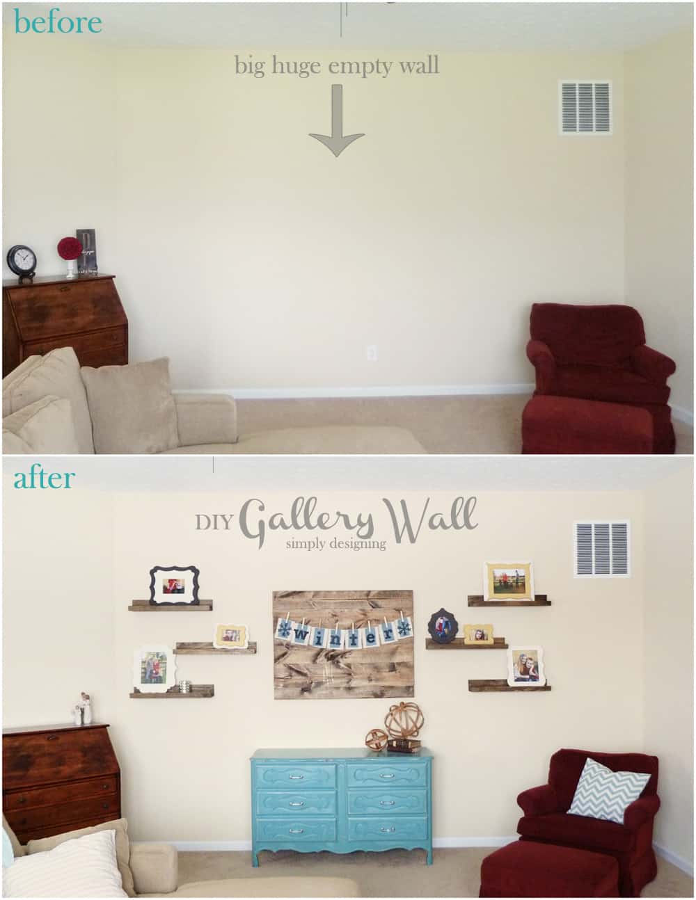 Before+and+After+Gallery+Wall1 | DIY Gallery Wall Reveal | 21 | DIY Floating Shelves