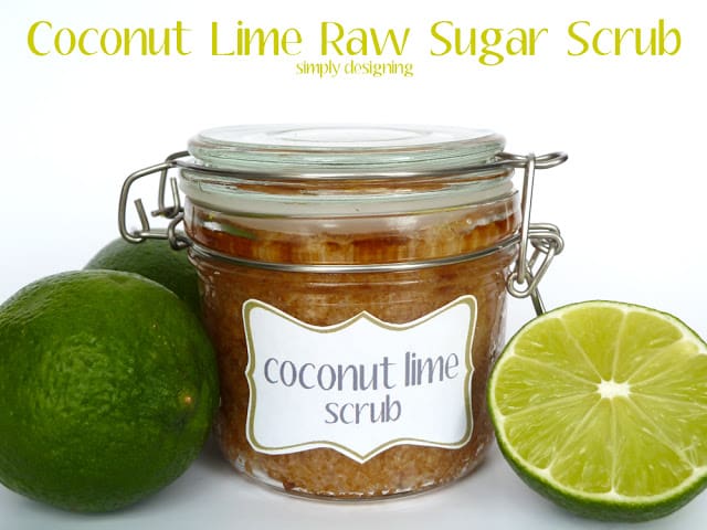 Coconut Lime Raw Sugar Scrub - a really simple and amazing scrub using only 3 ingredients!! This is perfect to get your hands, feet and bod beach ready! Plus is smells AMAZING!  @SimplyDesigning #handmadegift #mothersday #gift #scrub #beauty #diybeauty #healthandbeauty