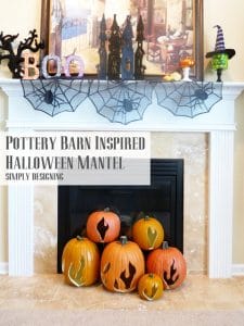 pottery+barn+halloween+mantel1 Pottery Barn Inspired Flaming Pumpkins #spookyspaces 5 gold pumpkin