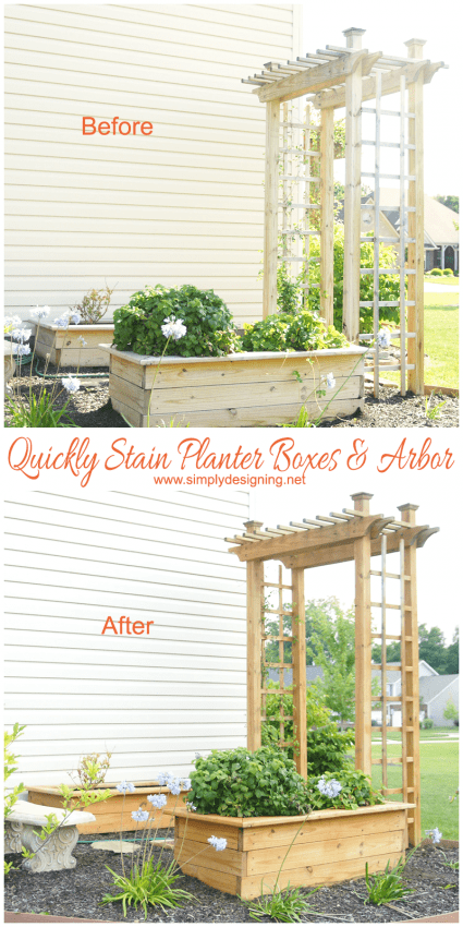 How to Quickly Stain two planter boxes and an arbor in less then 30 minutes!  Before and After photos.  - #stain #staining #diy #exterior