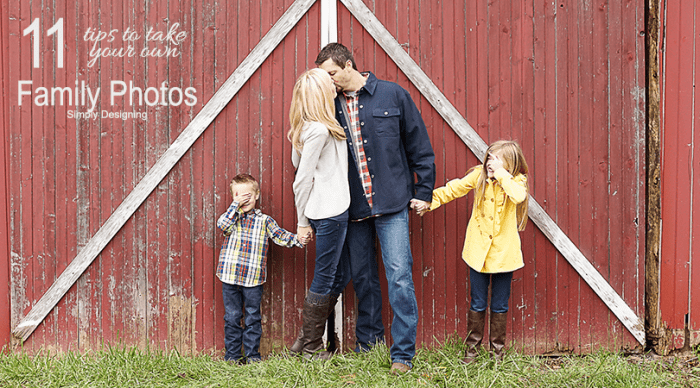 11 Tips to Take Your Own Family Photo main image with mom and dad kissing and kids covering their eyes