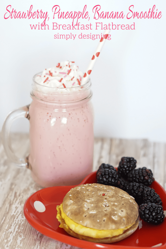 Strawberry Pineapple Banana Smoothie with Egg and Bacon Breakfast Sandwich