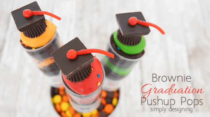 Brownie Graduation Pushup Pops with Candy Grad Hat Featured Image | Brownie Graduation Pushup Pops | 12 | summer dinner party idea