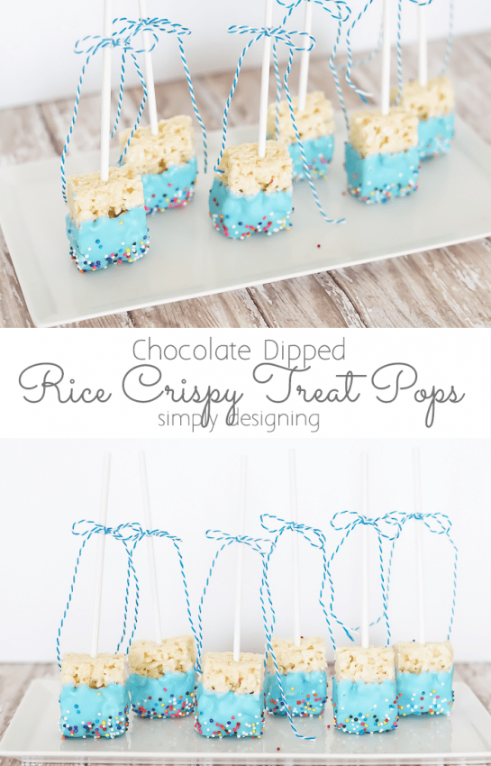 Blue Chocolate Dipped Rice Crispy Treat Pops on a platter