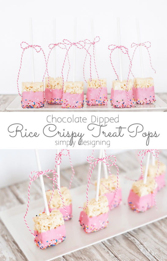 Plate of Pink Chocolate Dipped Rice Crispy Treat Pops on a platter with twine bows on the stems
