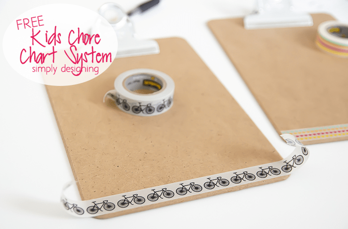 Clip Board decorated with Washi Tape to hold chore chart printable with chores for kids