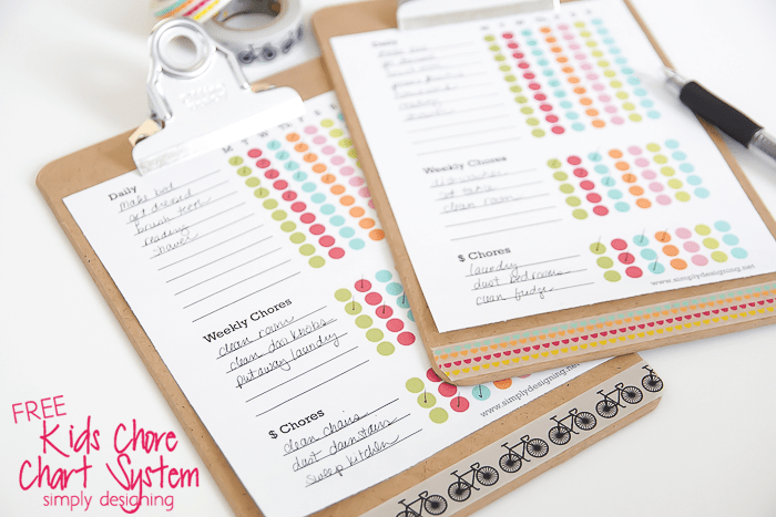 Kids Free Chore for kids Chore Chart Printable on a clipboard decorated with washi tape