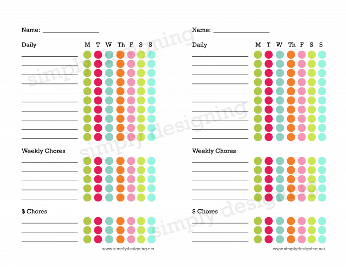 Chore Chart printable with bright colors and white background to track chores for kids
