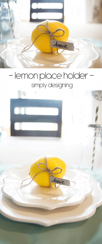 Lemon Place Holder with Twine and Washi Tape on a Faux Burlap Tablecloth - love this for summer or a wedding