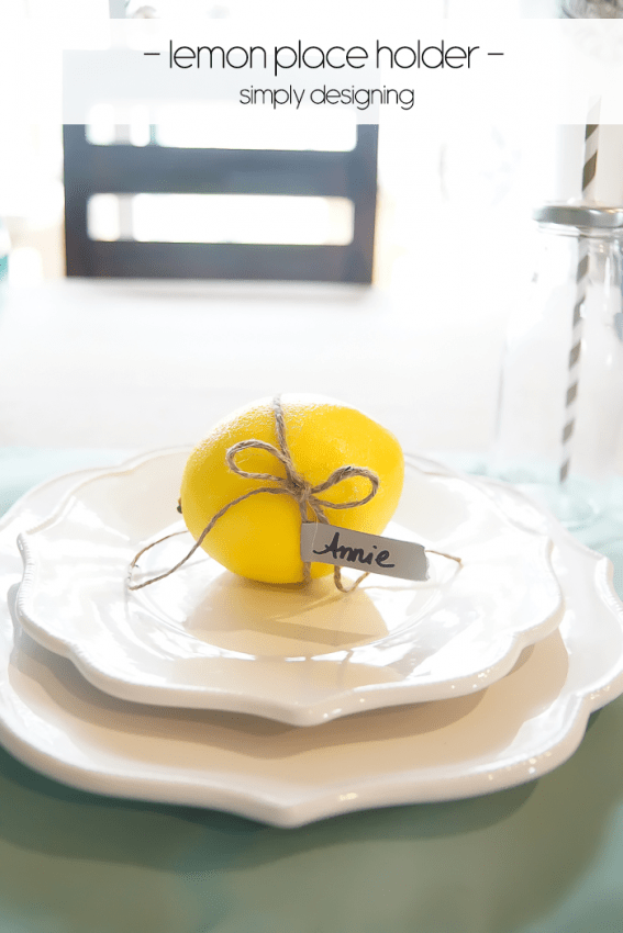 Lemon Place Holder with Twine and Washi Tape on a Faux Burlap Tablecloth