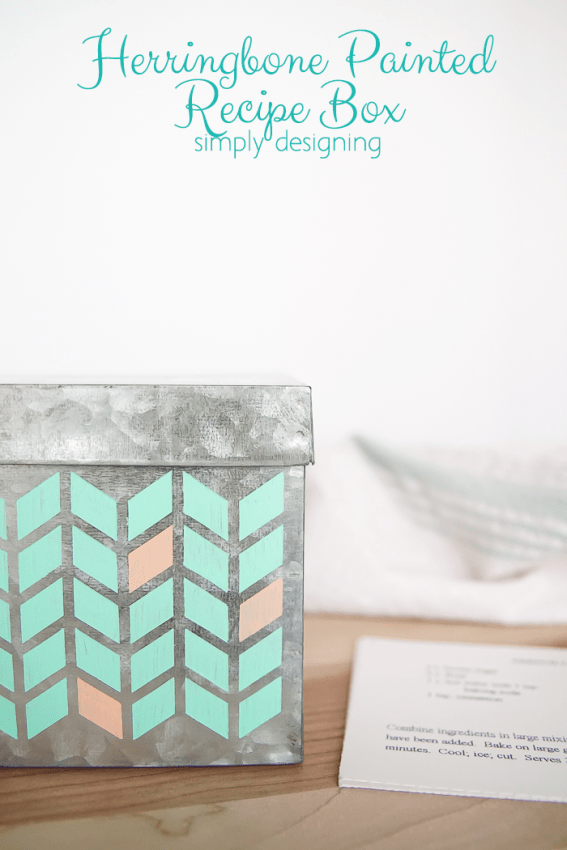 Herringbone Painted Recipe Box - cute way to personalize a plain metal recipe box