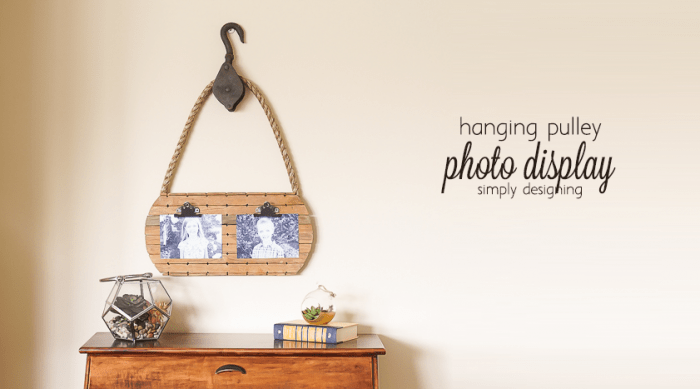 hanging pulley photo display this fun pallet board makes a great way to display photos and I love this vintage pulley | Hanging Pulley Photo Display | 29 | karate belt holder