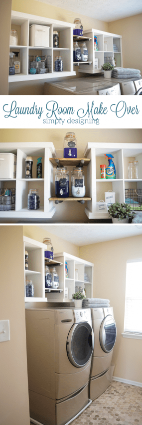 Laundry Room Make Over Transformation, Wire Grid Shelving Units Over The Washer Dryer