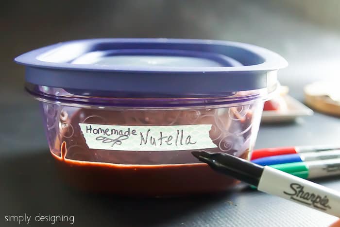 Homemade Nutella Recipe in a rubbermaid container labeled with a sharpie extreme marker