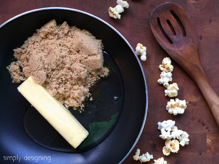 margarine, karo syrup and brown sugar in pot for easy caramel popcorn