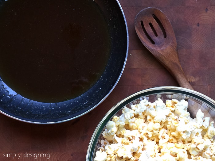 melted ingredients and popcorn for gooey caramel popcorn