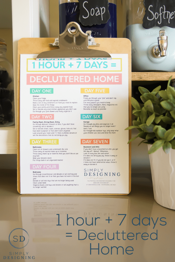 Here's how to spend 1 hour per day for 7 days to declutter your home and get it clean! You'll learn my 5 rules for decluttering and a free printable checklist to help keep you on track!