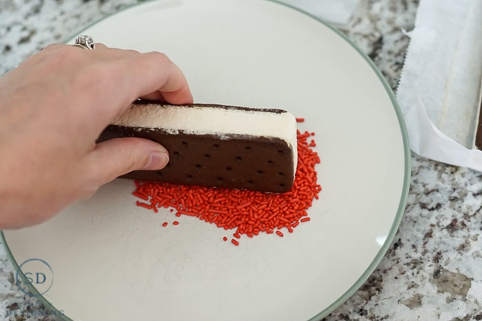 Red White and Blue Ice Cream Sandwich Pops - dip in sprinkles