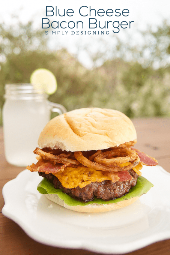 Blue Cheese Bacon Burger - blue cheese stuffed bacon burger with onion rings cheese crisp and bbq sauce