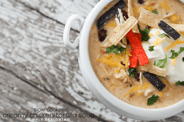 Close up of white bowl with this Creamy Chicken Tortilla Soup slow cooker Recipe