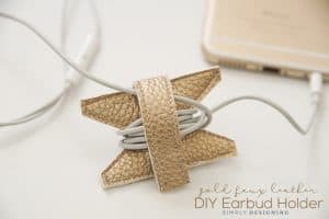 Leather Earbud Holder Gold Faux Leather DIY Earbud Holder 2 Caramel Hot Cocoa Spoons