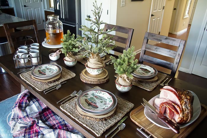 vintage farmhouse holiday table setting 00574 | Vintage Farmhouse Holiday Table Setting | 30 | fabric Christmas trees