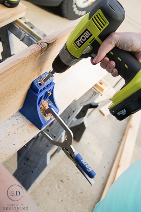 Using a Kreg jig and Ryobi Drill to make holes to join two boards together to make shelves for DIY Printer Cart