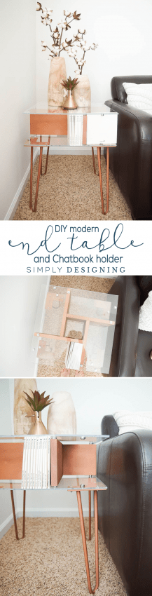DIY Modern End Table and Chatbook Holder - this end table has a lot of style and storage - photobook storage - chatbook storage - end table - modern end table - copper end table - diy end table