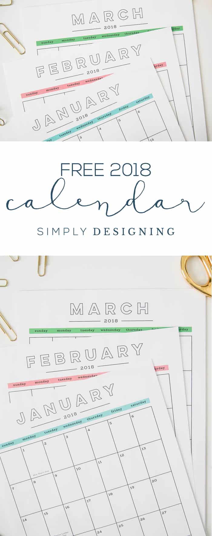 Free 2018 Calendar - monthly calendar that you can print from home for all of 2018 - printable calendar