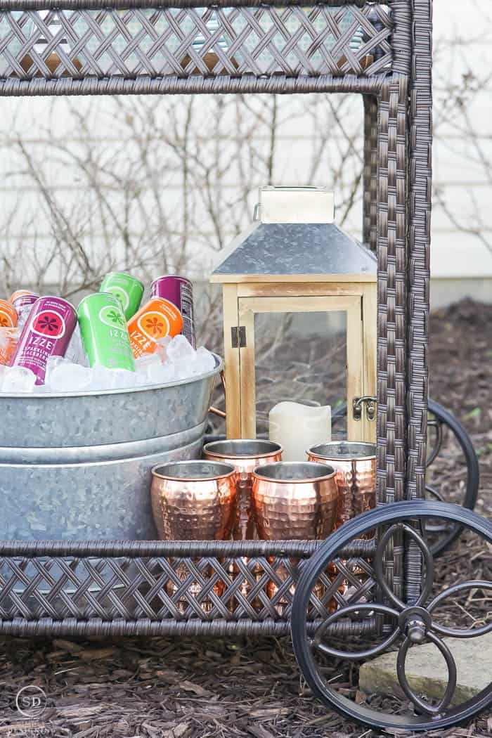 galvanized tub for drinks - solar lantern - hammered copper tumblers