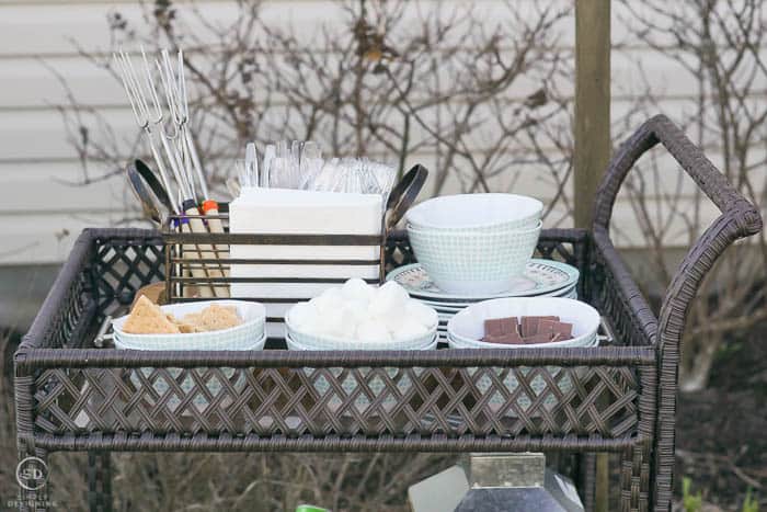 serving cart with wire caddy for silverware