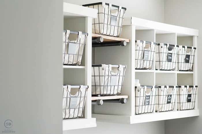 Wire baskets in a laundry room