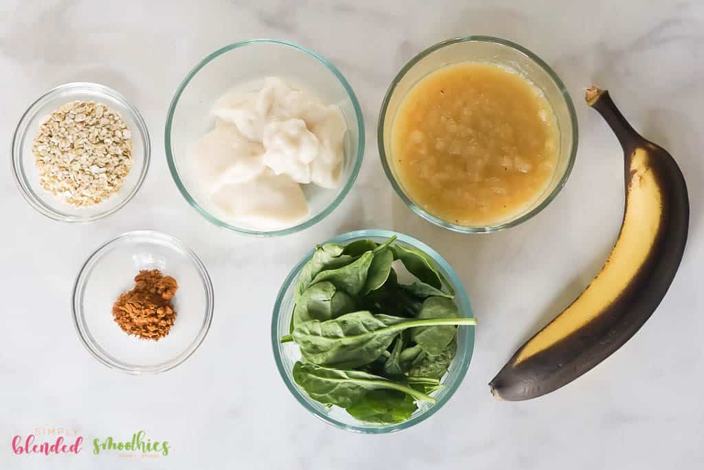 Green Apple Smoothie Bowl 5 Ingredients for a green apple smoothie bowl laid out