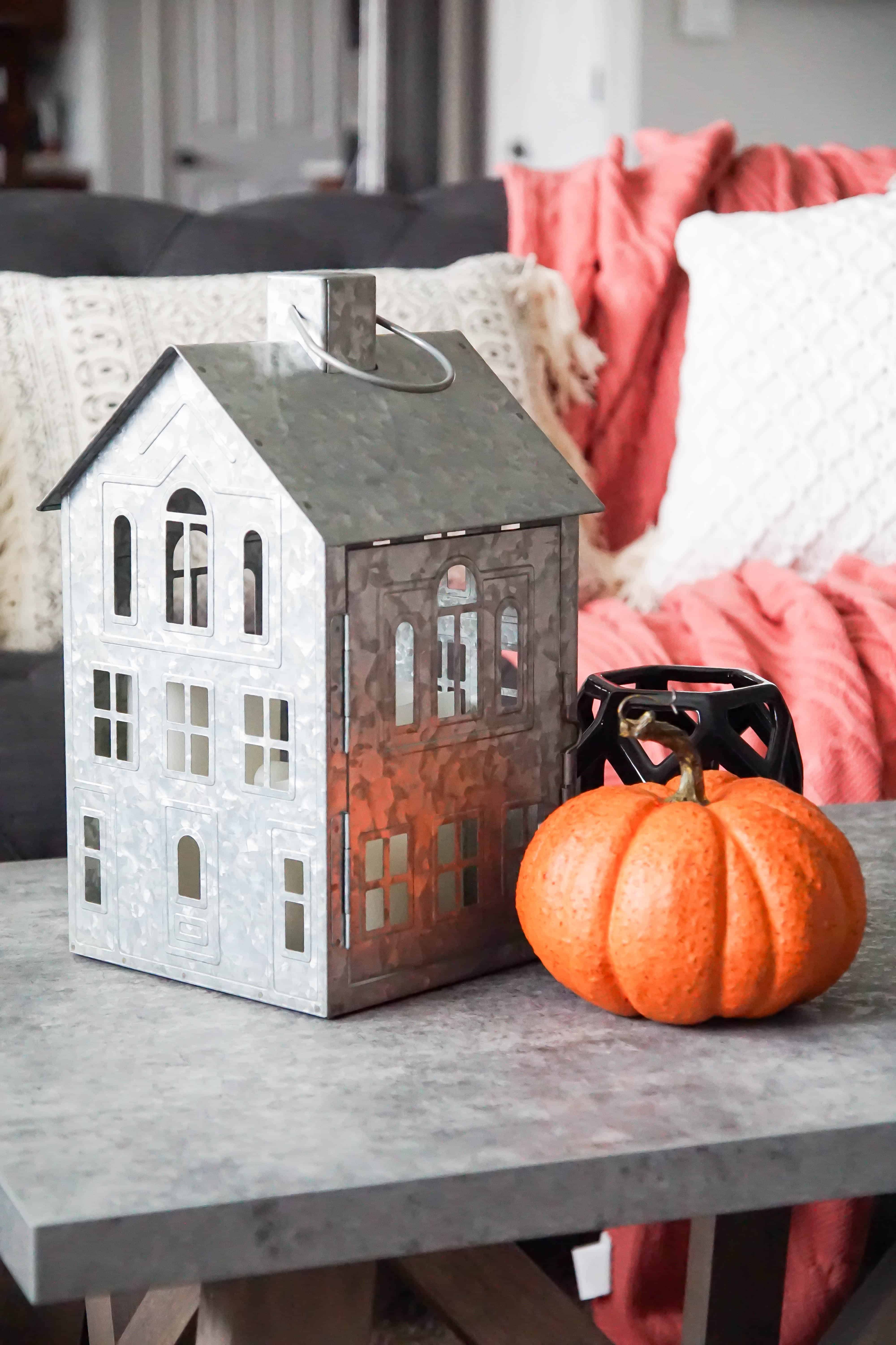 metal house lantern in fall family room update