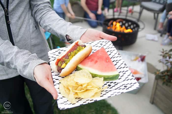 plate of food on melamine plate at summer dinner party