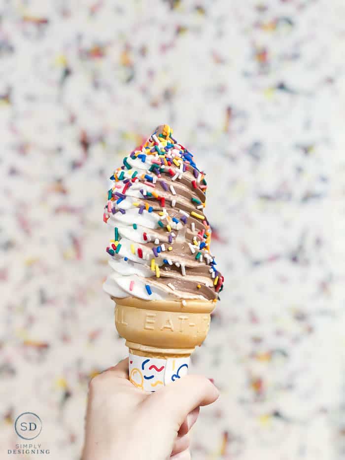 chocolate vanilla twist cone with sprinkles