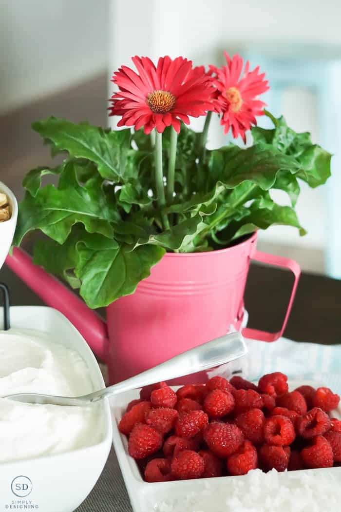 flowers in pink watering can