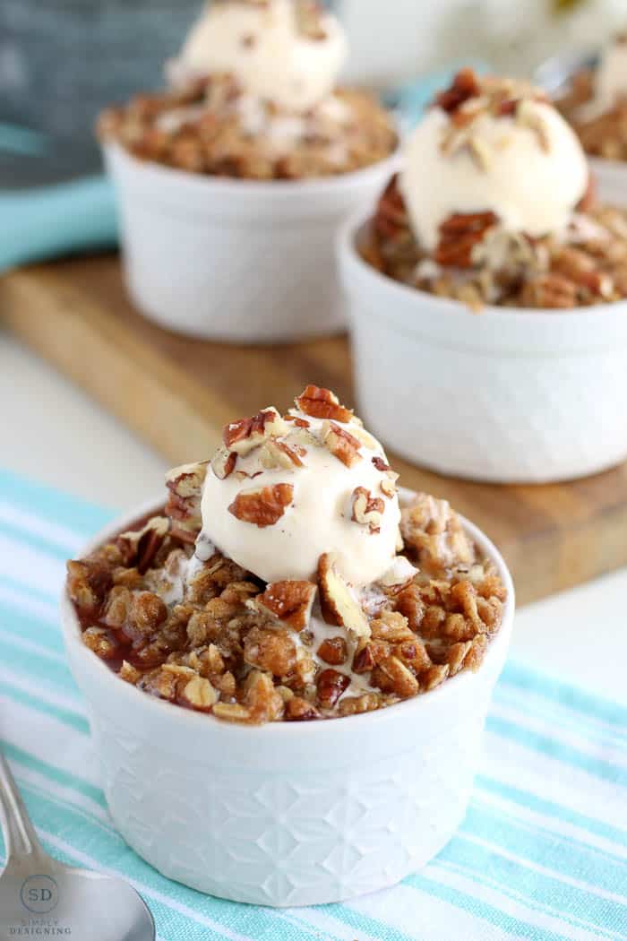 Closer view of an easy rhubarb crisp served with ice cream on top