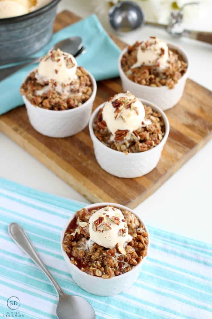 An easy rhubarb crisp served with ice cream on top