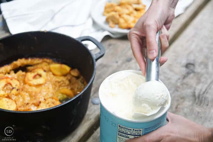 scoop vanilla ice cream to put on dutch oven peach cobbler
