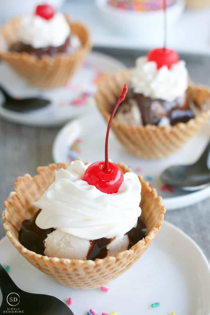 Close up of homemade ice cream sundaes.