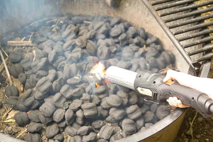use Homeright ElectroTorch to start charcoals for fire pit to grill salmon