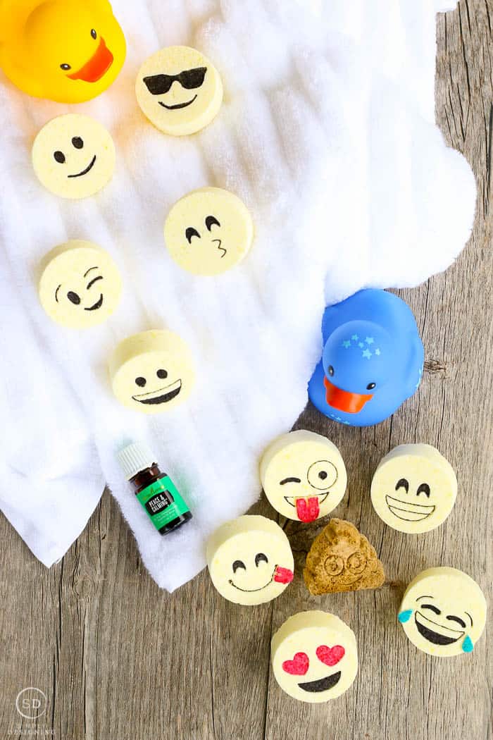 A birds eye view image of the final kids bath bombs, finished bath bomb recipe with essential oil and rubber ducks. The perfect bathtime combination for kids! 