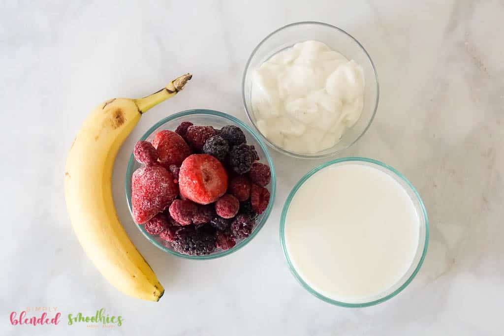 Berry Smoothie 7 berry smoothie ingredients on counter