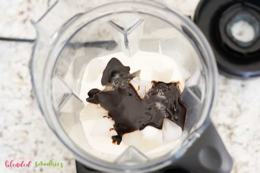 Chocolate Frappe 6 ingredients in a blender for a chocolate frappe