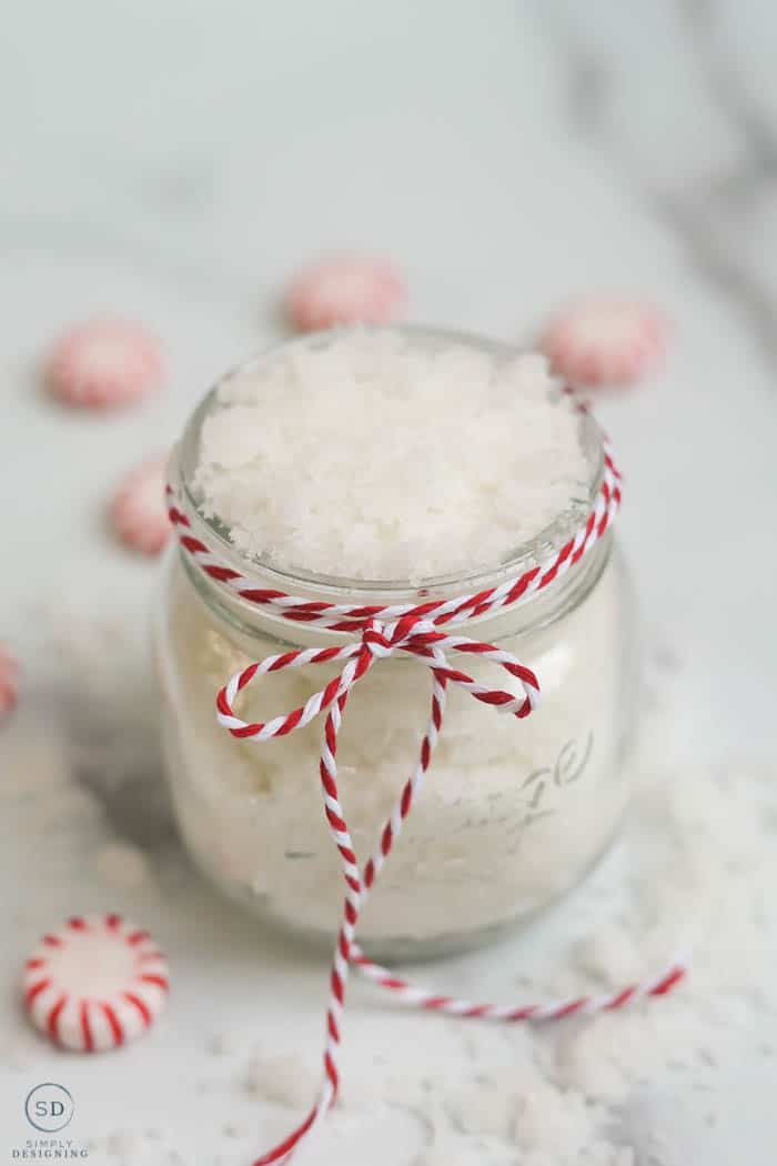 Easy Peppermint Sugar Scrub Recipe with peppermint candies in background