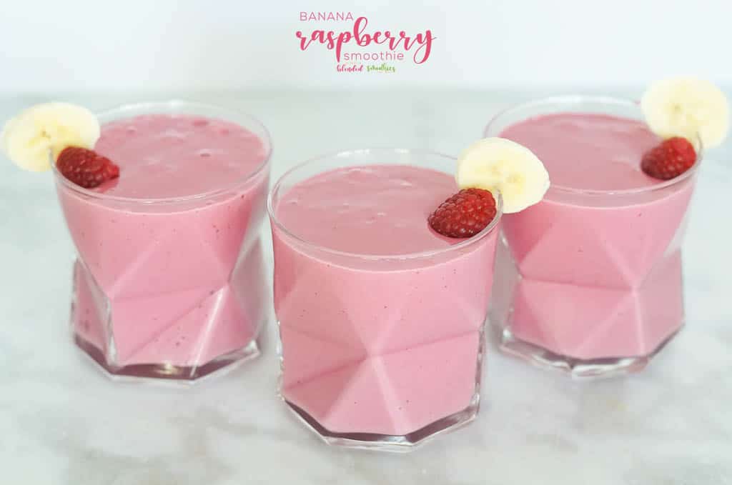 Raspberry Banana Smoothie 4 Raspberry Banana Smoothie with banana and raspberries on top