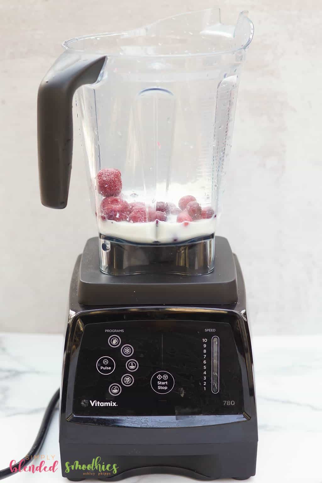 Cranberry Truffle Smoothie 6 all ingredients for cranberry truffle smoothie recipe in a blender