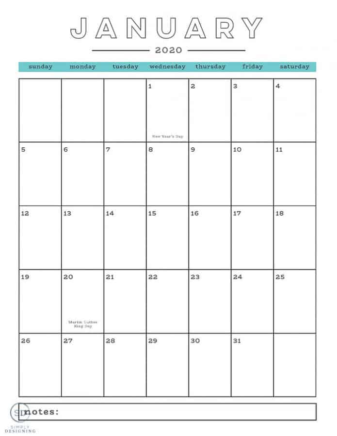 Free 2020 Printable Calendar | Simply Designing with Ashley